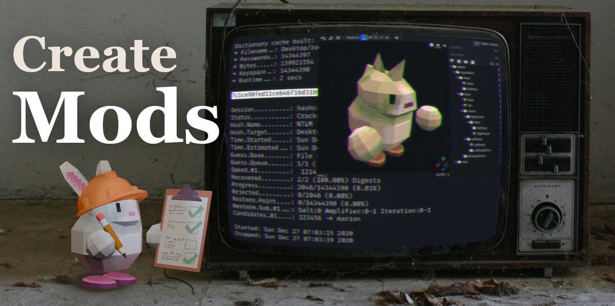 A bunny with a helmet making mods on a TV screen