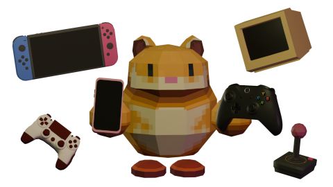 A hamster with some consoles and controllers