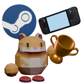 A hamster holding a trophy, there is also a Steam logo and a SteamDeck