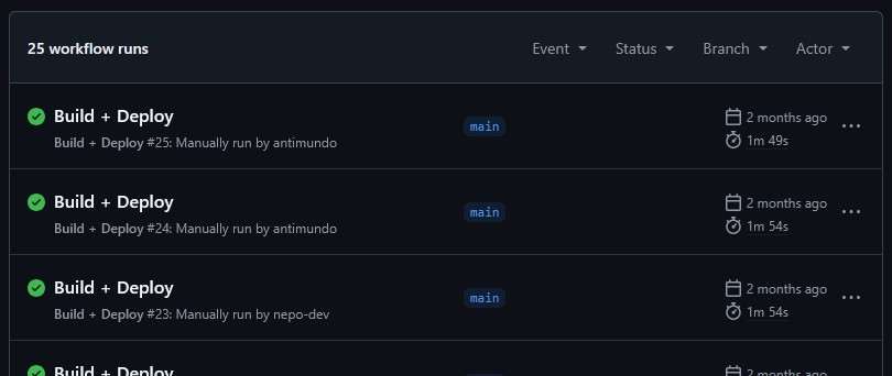 Captura de pantalla del entorno para publicar builds del juego en el CI en GitHub