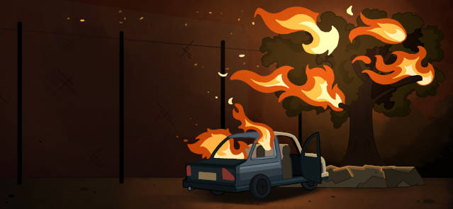 Ilustración de un coche estrellado contra un árbol en llamas