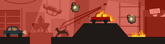 Concepta art del videojuego, aparece un coche de dibujos por una escena en un estudio de cine en llamas