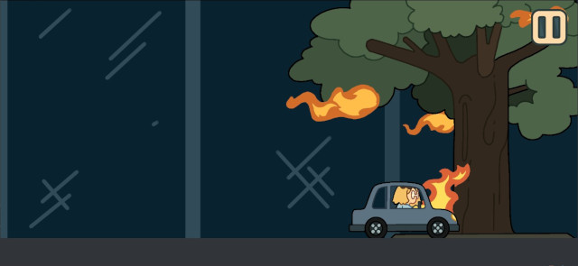 Captura de pantalla del videojuego, aparece un coche de dibujos estrellado contra un árbol en llamas