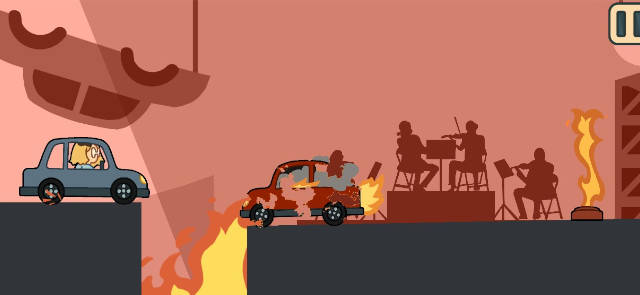 Captura de pantalla del videojuego, aparece un coche de dibujos por una escena en un estudio de cine en llamas
