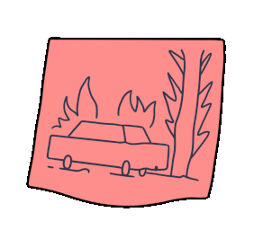 GIF de un posit con un dibujo en el que aparece un coche estrellado contra un árbol en llamas